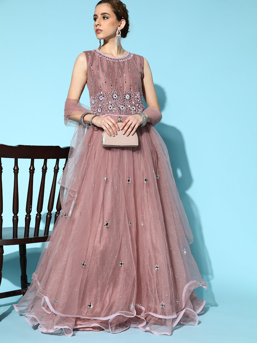 Floor Length Mauve Mirror Work Embellished Flared Gown