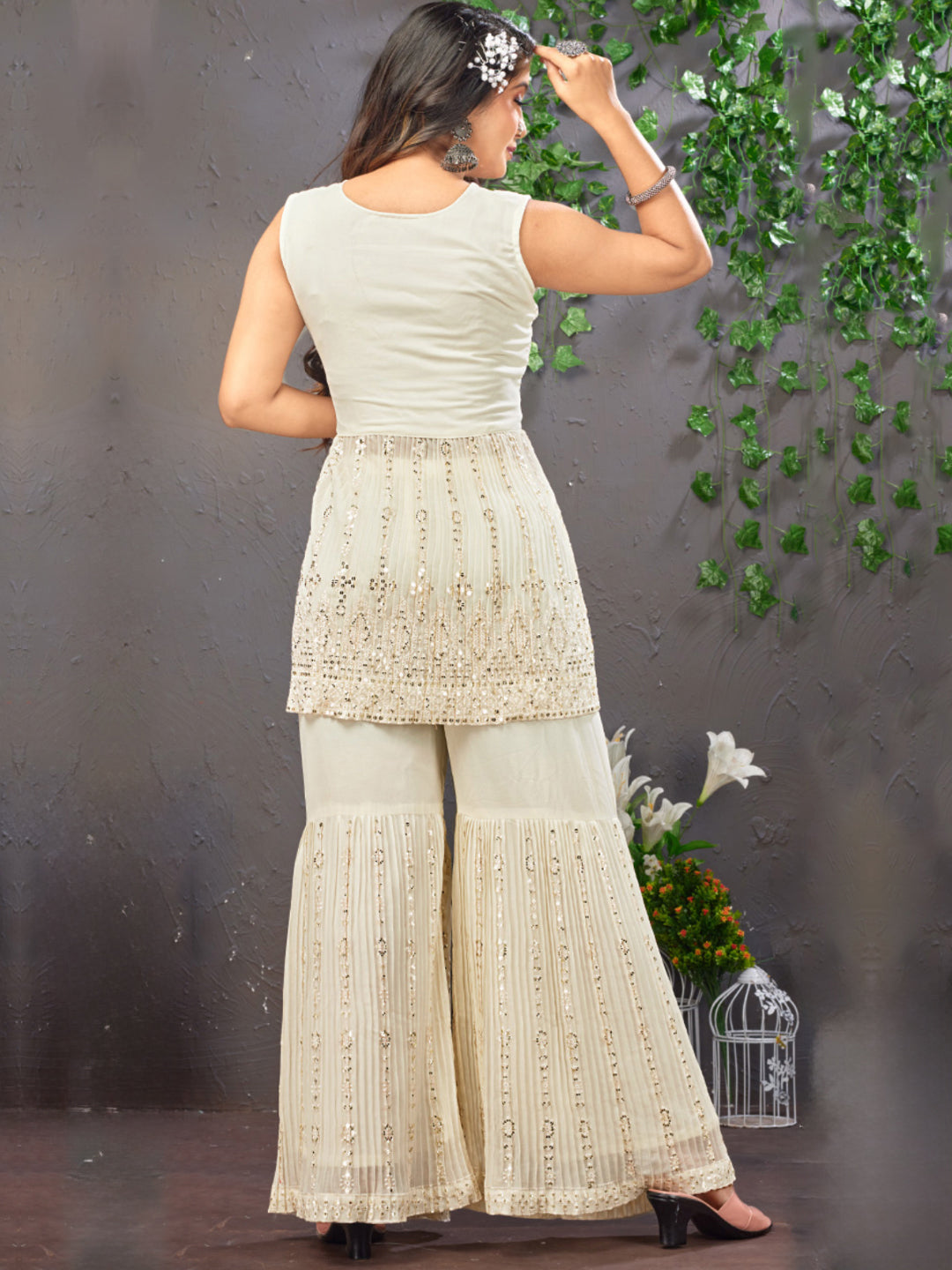 Chikankari & Sequin Embroidered Peplum Kurta Set with Pleated Sharara