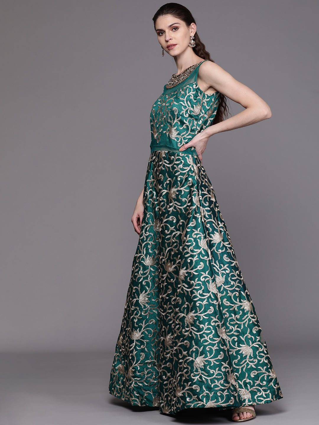 Anarkali Cocktail Gown with Embellished Neckline and Kasab Embroidery