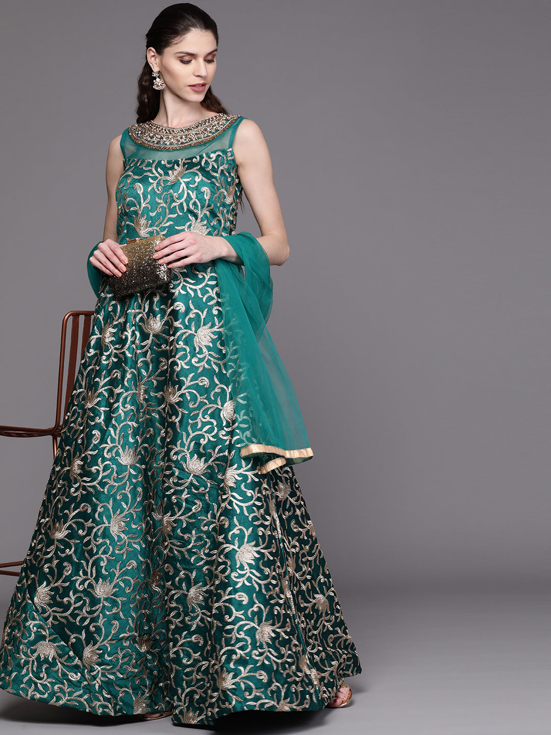Anarkali Cocktail Gown with Embellished Neckline and Kasab Embroidery