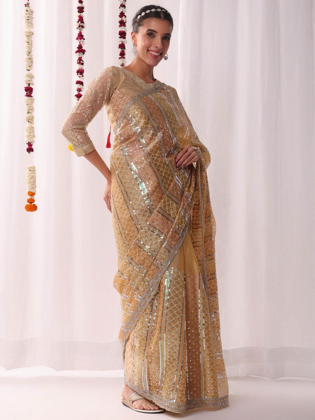 Ombre Resham Embroidered saree with Allover Sequinned Stripes