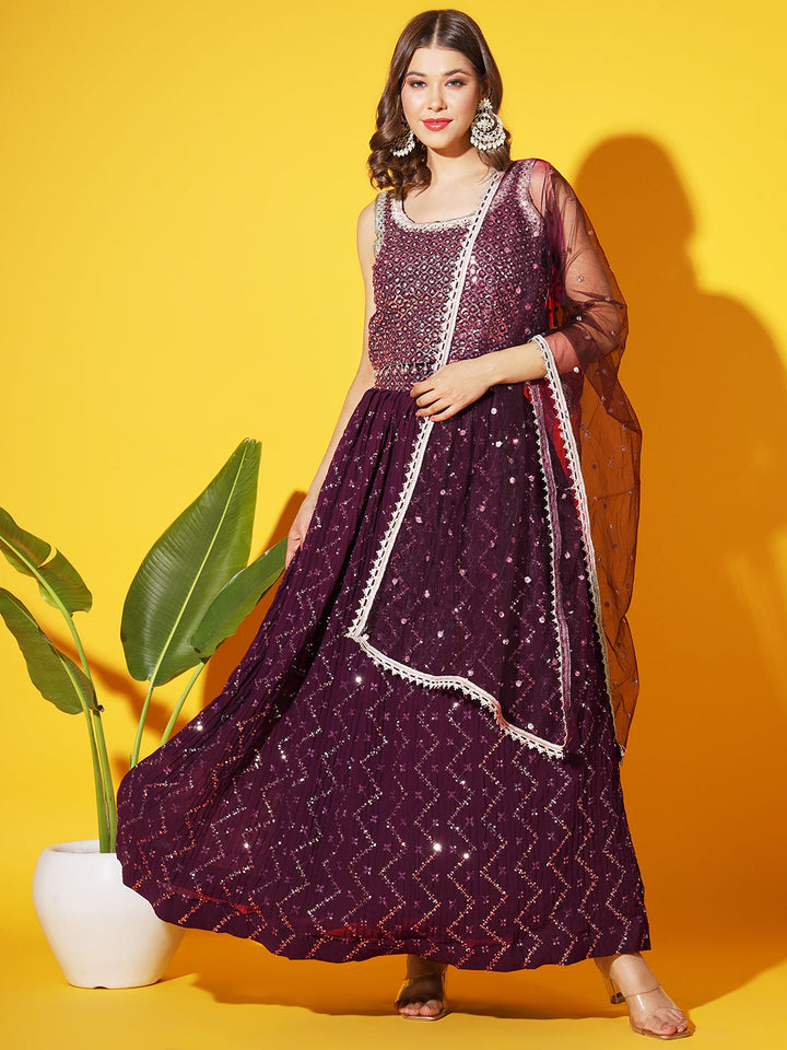 Sequins Mirror Embellished Crop-top Pleated Lehenga Choli Dupatta Set