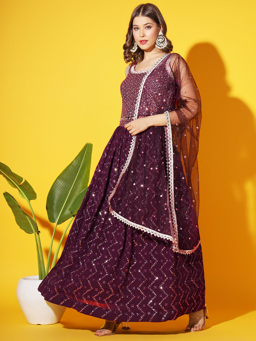 Sequins Mirror Embellished Crop-top Pleated Lehenga Choli Dupatta Set