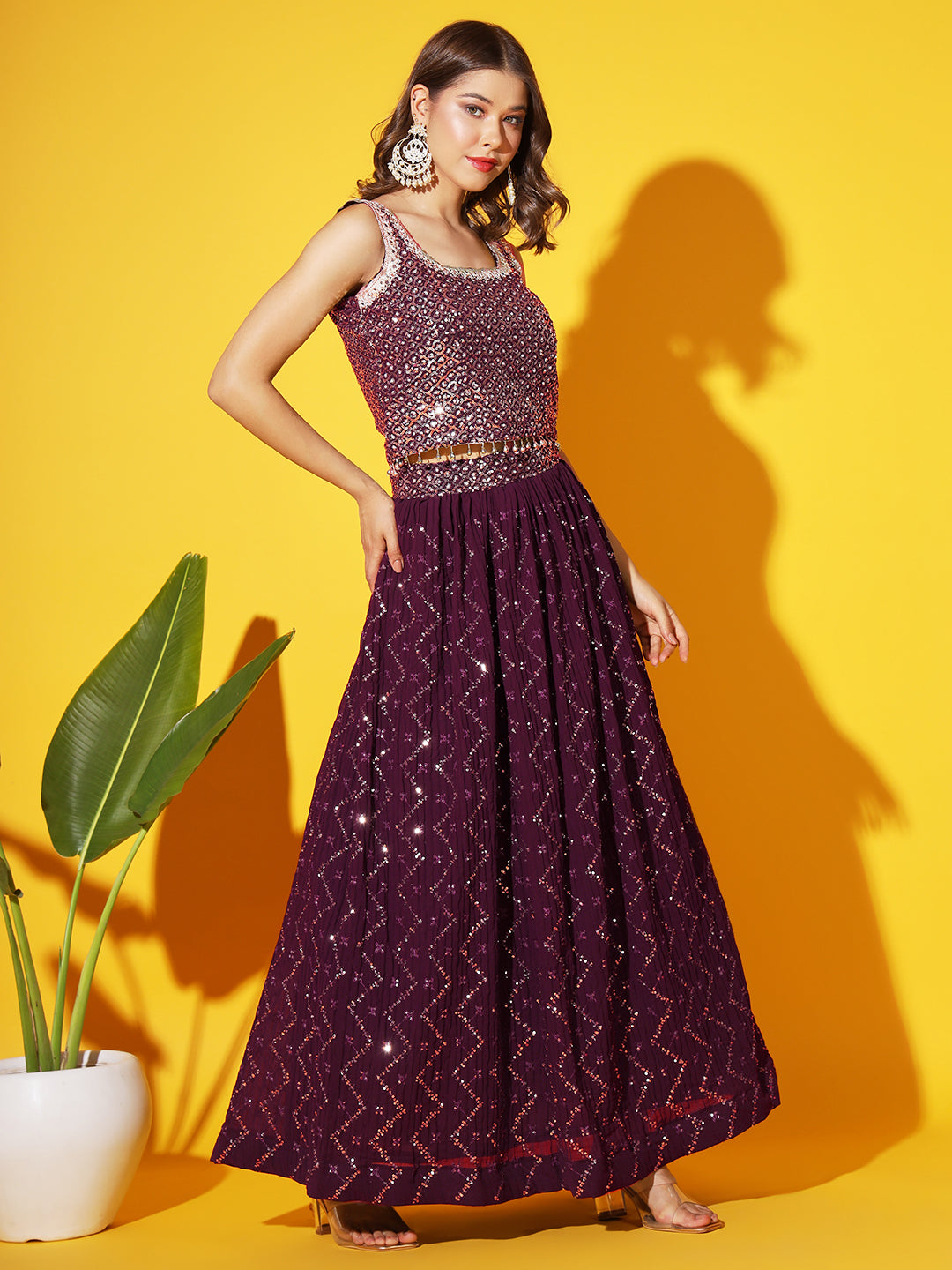 Sequins Mirror Embellished Crop-top Pleated Lehenga Choli Dupatta Set