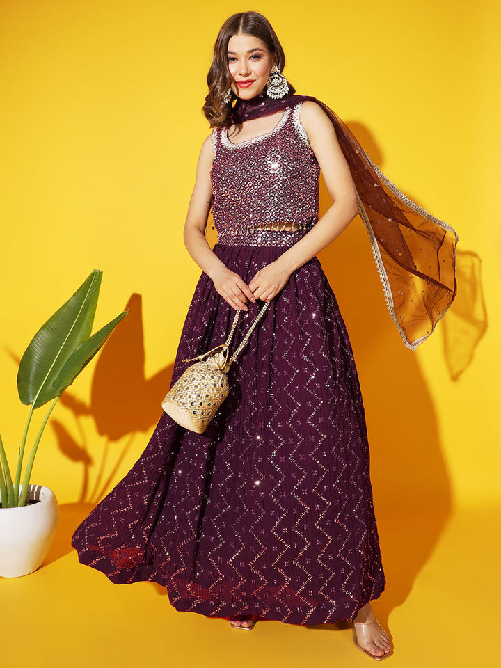 Sequins Mirror Embellished Crop-top Pleated Lehenga Choli Dupatta Set
