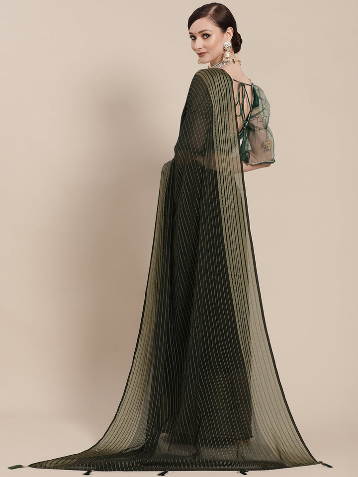 Bottle Green Chiffon Swarovski Embelllished Striped Weaving Saree