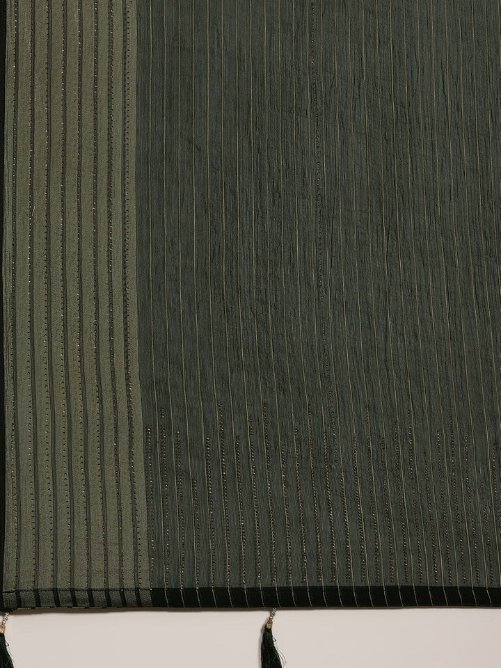 Bottle Green Chiffon Swarovski Embelllished Striped Weaving Saree