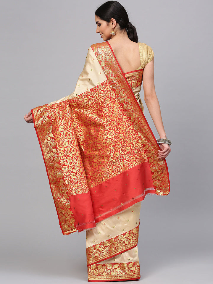 Bengali Style Colorblocked Silk Saree with Zari Woven Flowers