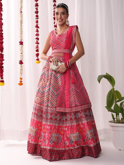 Chhabra 555 Geometric Tribal Digital Print Lehenga Set with Tasseled Choli, Animal motifs and Belt