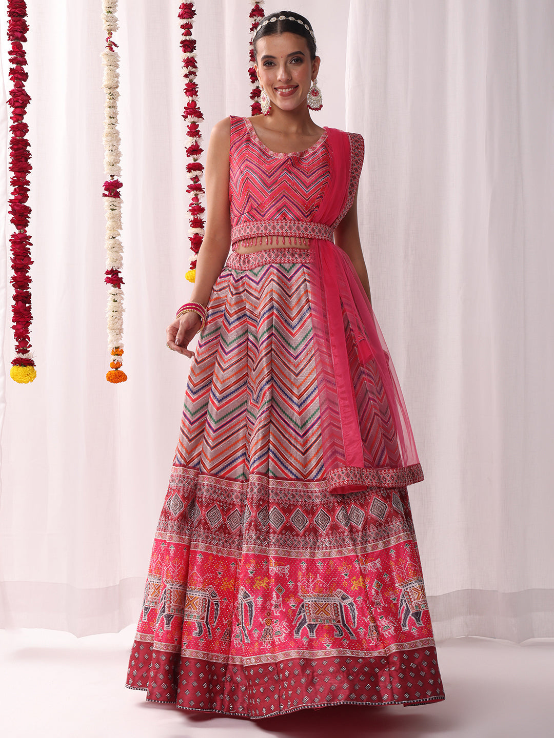 Geometric Tribal Digital Print Lehenga Set with Tasseled Choli, Animal motifs and Belt