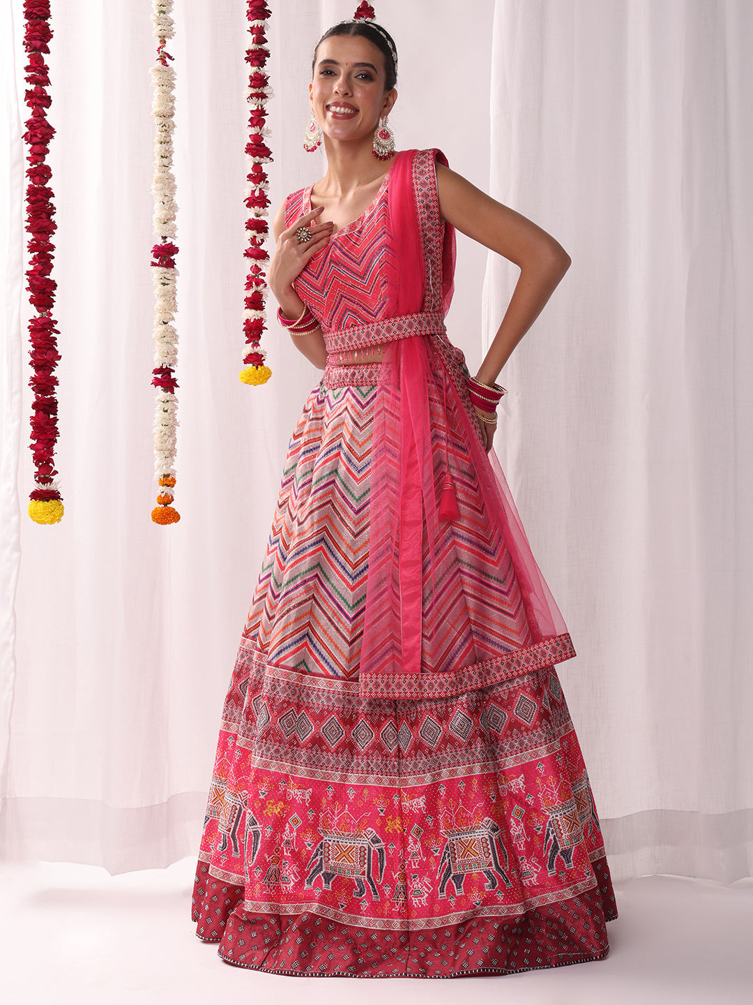 Geometric Tribal Digital Print Lehenga Set with Tasseled Choli, Animal motifs and Belt