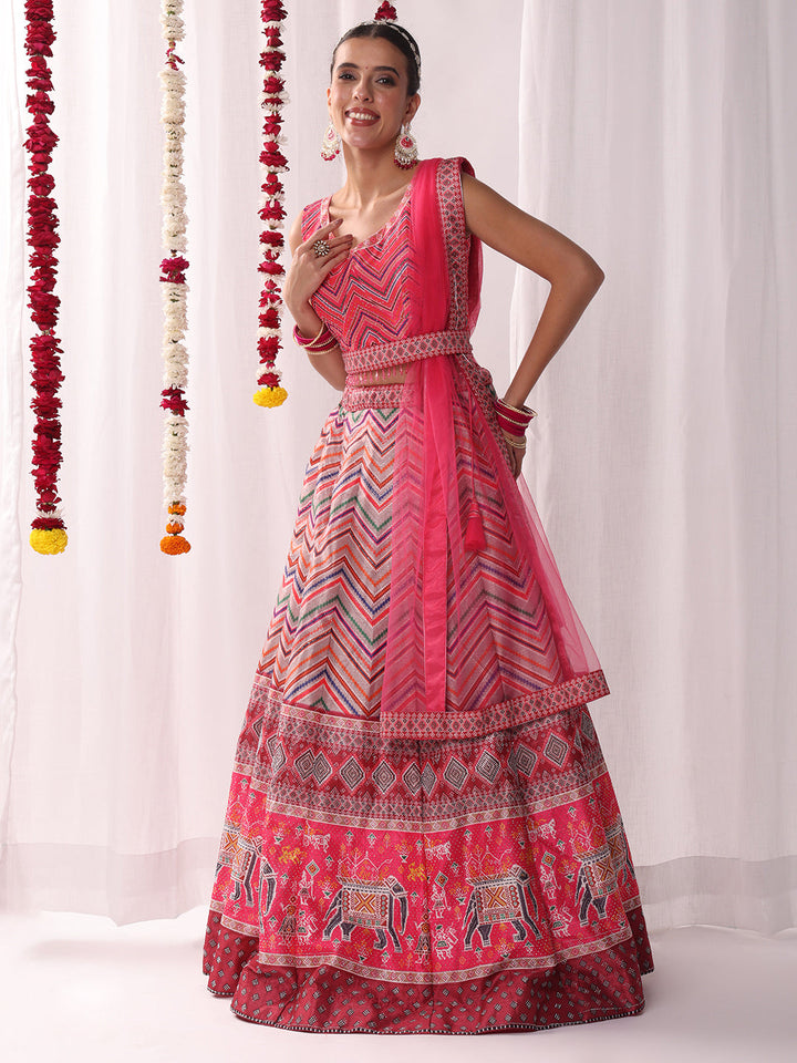 Geometric Tribal Digital Print Lehenga Set with Tasseled Choli, Animal motifs and Belt