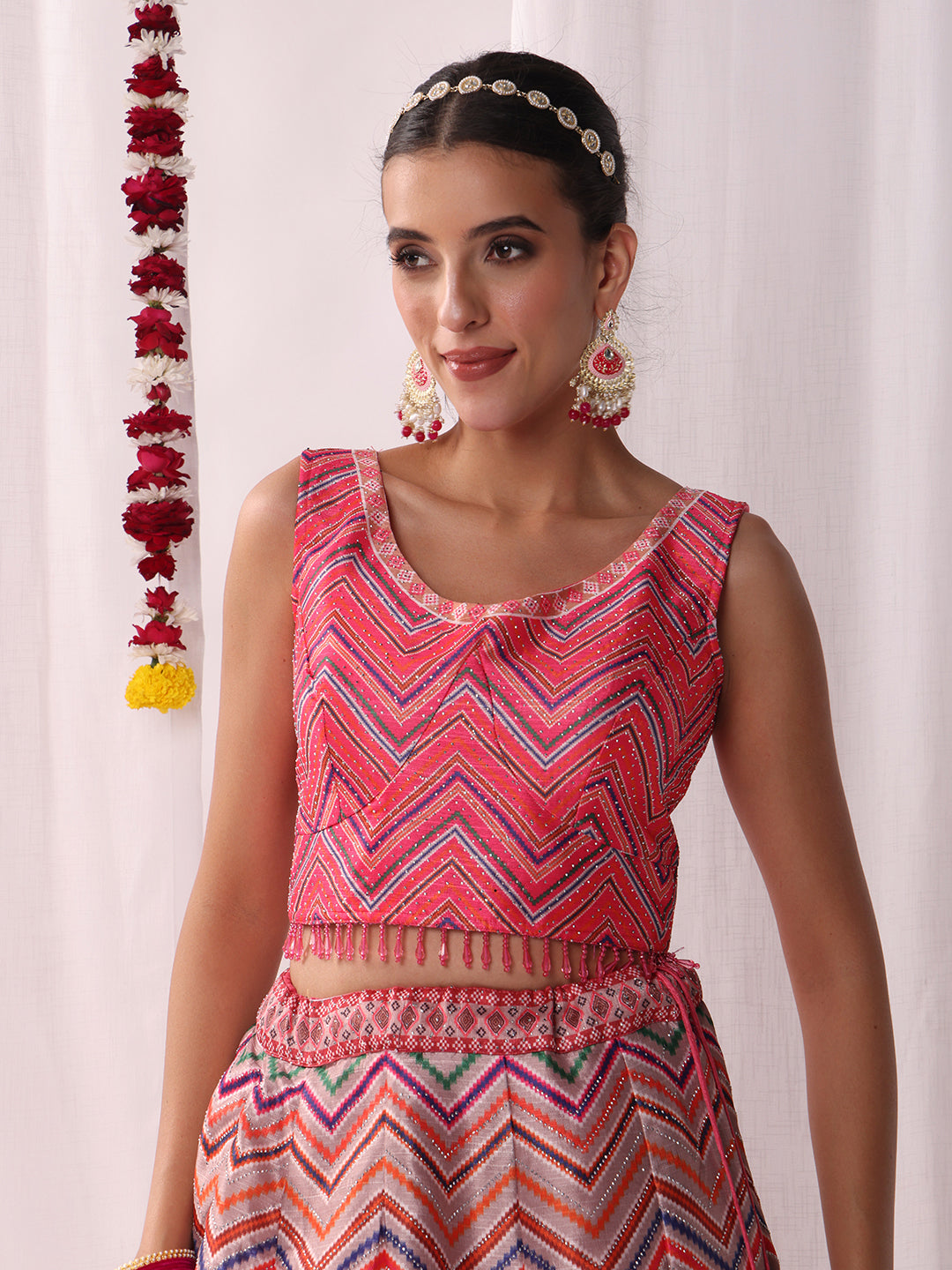Geometric Tribal Digital Print Lehenga Set with Tasseled Choli, Animal motifs and Belt