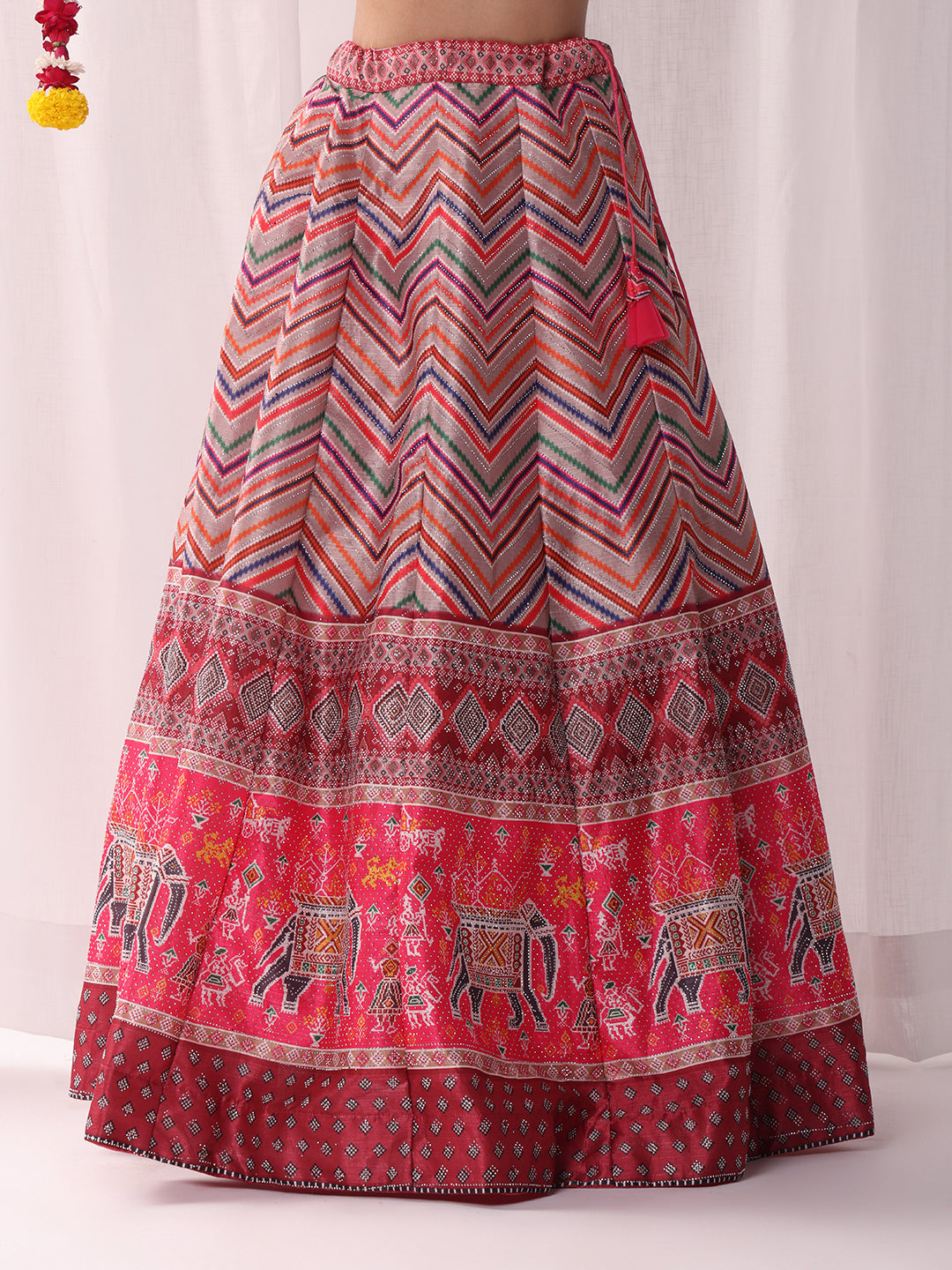 Geometric Tribal Digital Print Lehenga Set with Tasseled Choli, Animal motifs and Belt