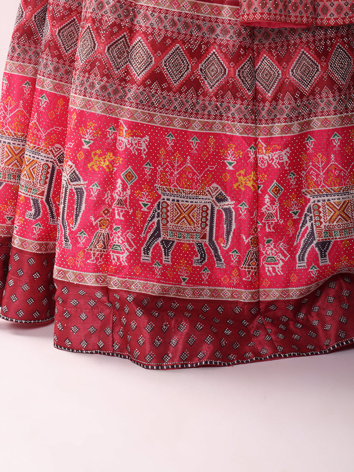 Geometric Tribal Digital Print Lehenga Set with Tasseled Choli, Animal motifs and Belt