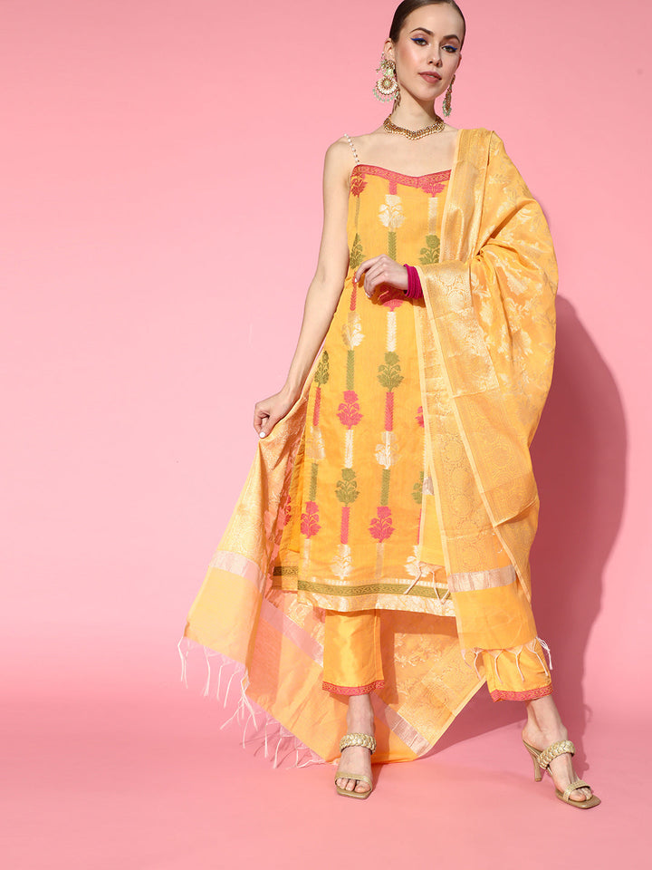 Yellow Banarasi Floral Kurta Pant Set with Pearl Straps
