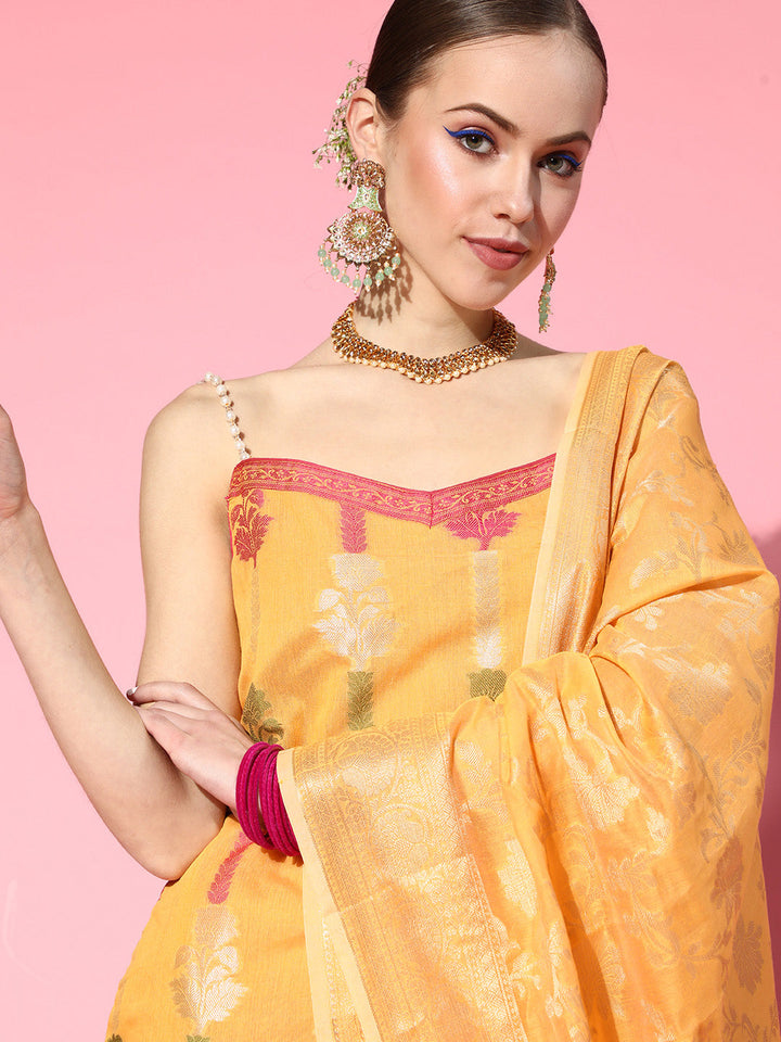 Yellow Banarasi Floral Kurta Pant Set with Pearl Straps