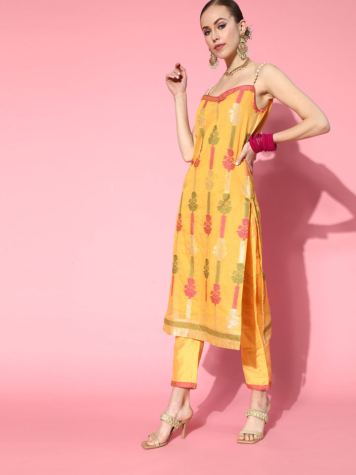 Yellow Banarasi Floral Kurta Pant Set with Pearl Straps