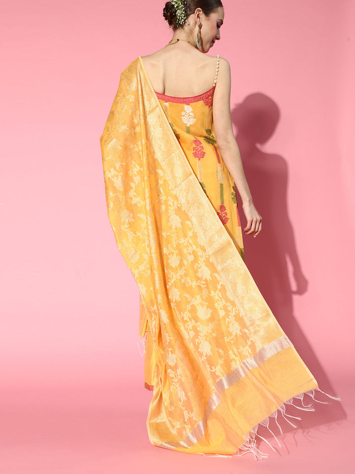 Yellow Banarasi Floral Kurta Pant Set with Pearl Straps