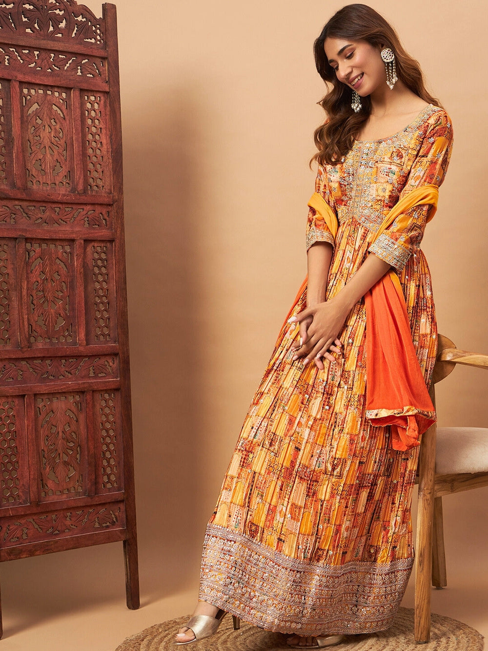 Chhabra 555 Crepe Silk Alia-Style Digital Print Pleated Gown with Zari Embroidery & Ombre Dupatta