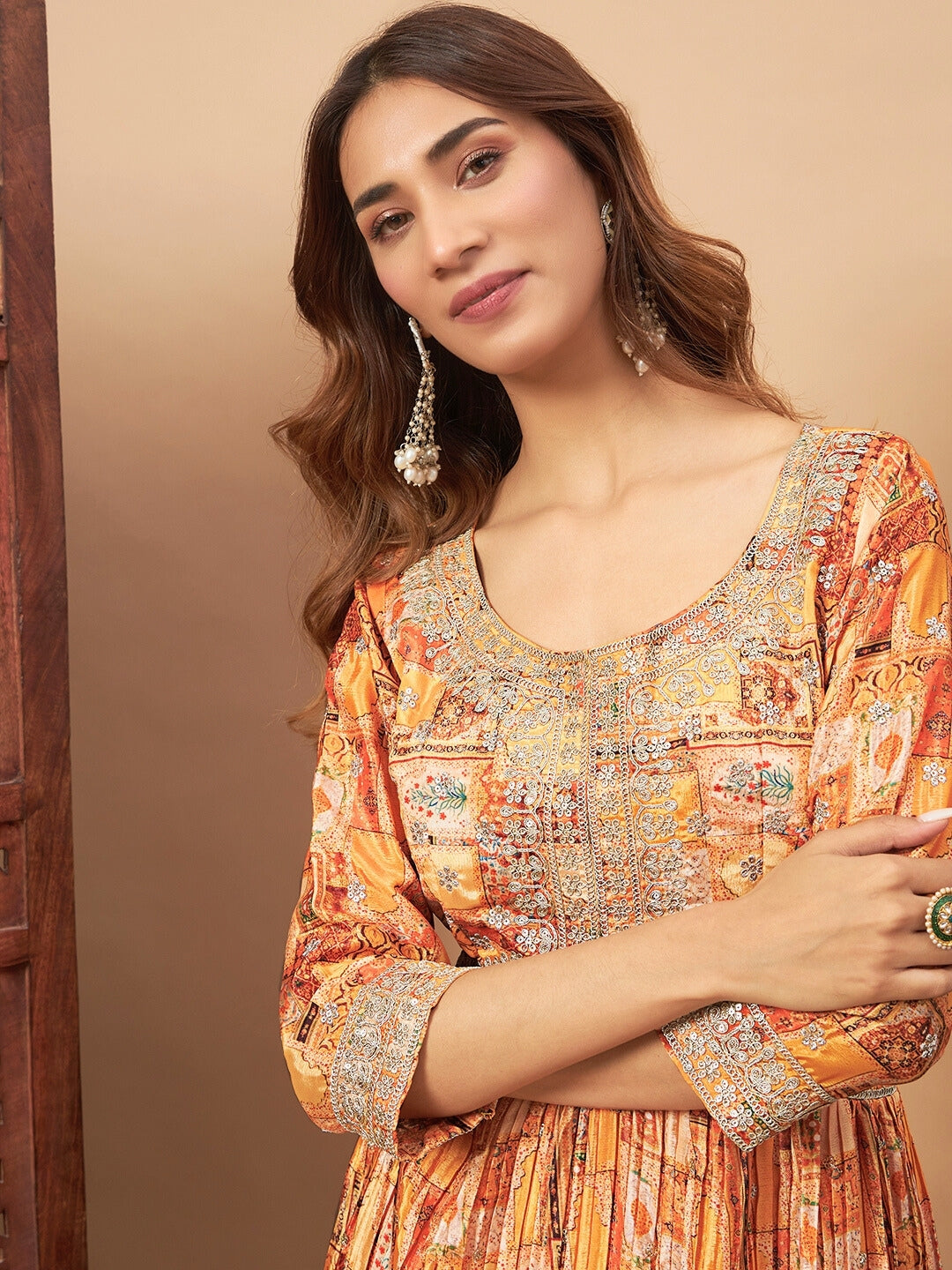 Chhabra 555 Crepe Silk Alia-Style Digital Print Pleated Gown with Zari Embroidery & Ombre Dupatta