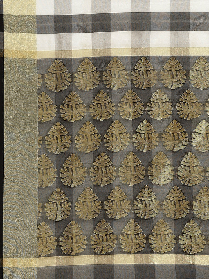 Mangalagiri Chanderi Silk Saree with Black and grey Checkered pattern and Zari Pallu