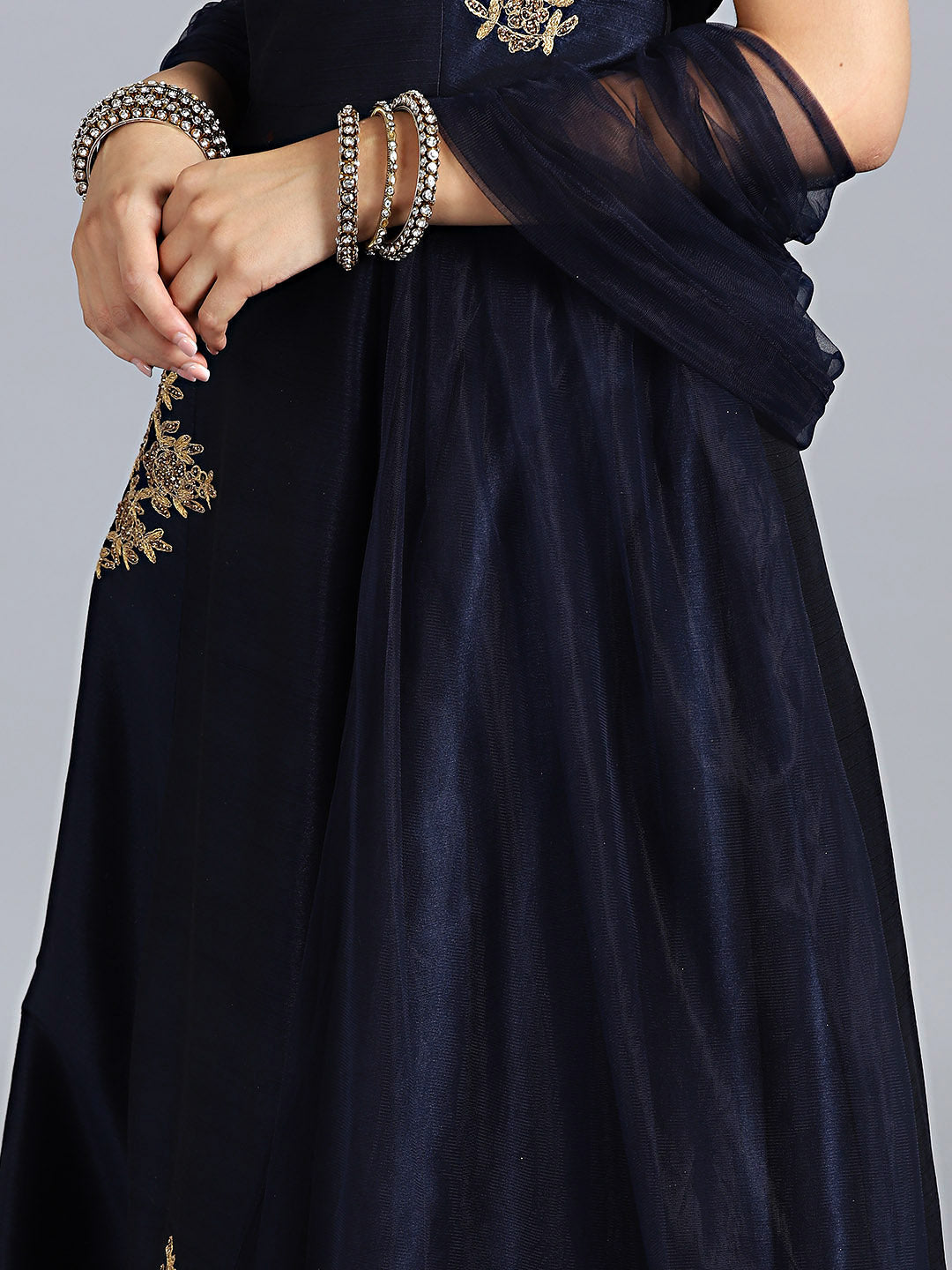 Raw Silk Zari Embroidered Gown With Net Dupatta