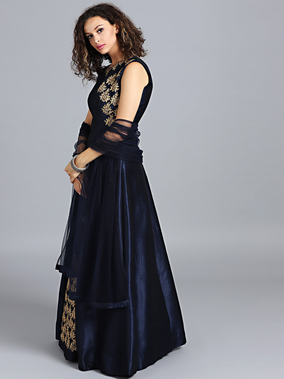 Raw Silk Zari Embroidered Gown With Net Dupatta
