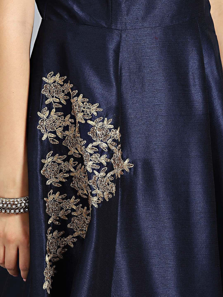 Raw Silk Zari Embroidered Gown With Net Dupatta
