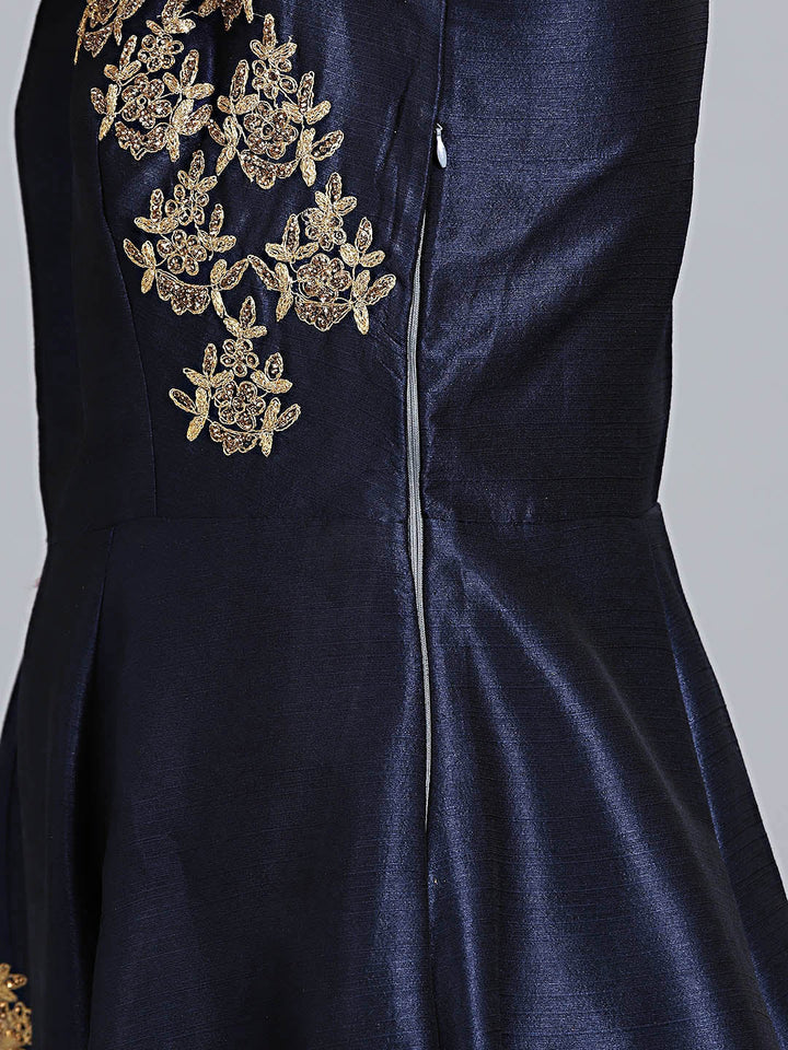 Raw Silk Zari Embroidered Gown With Net Dupatta