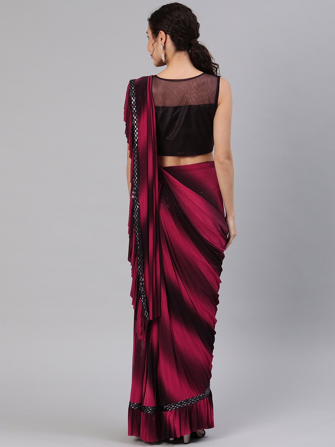 Ruffled Pre-stitched Saree with Ombre Drape and Frills and Black Shimmer Blouse