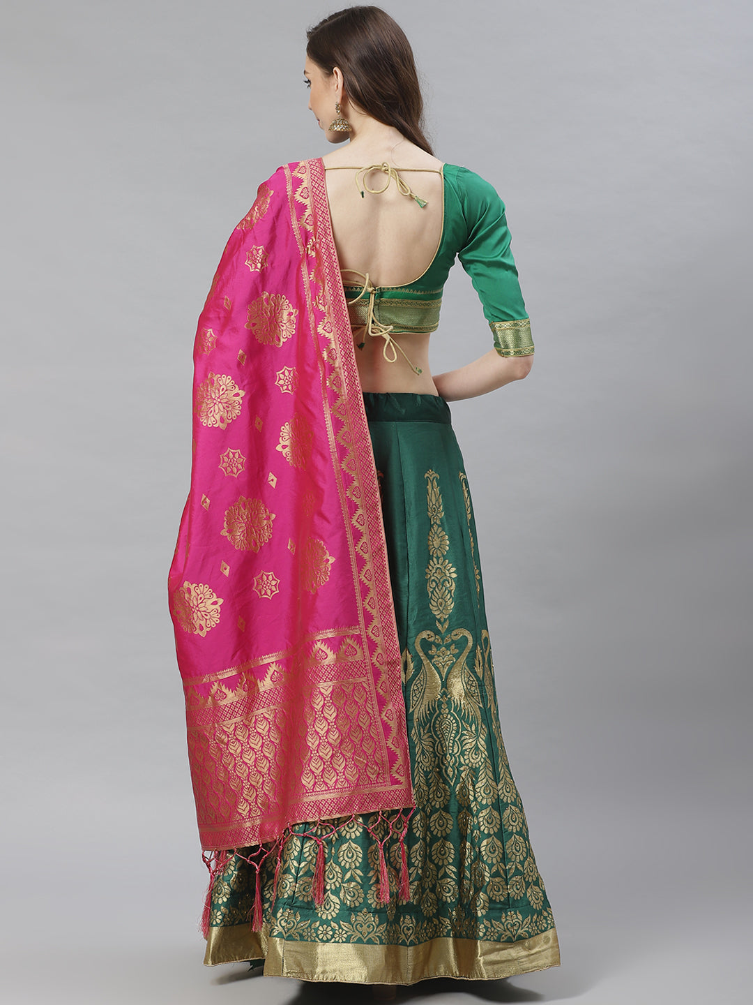 Ombre Semi Stitched Kalidar Banarasi Lehenga Choli With Zari Weaving & Peacock Motifs