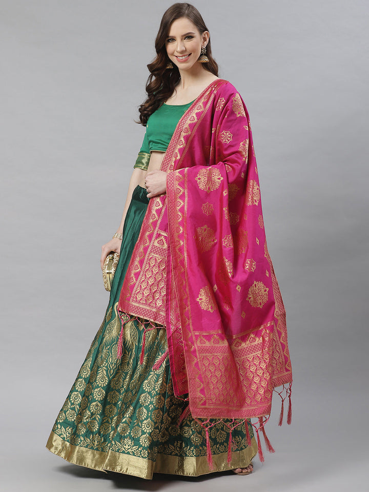 Ombre Semi Stitched Kalidar Banarasi Lehenga Choli With Zari Weaving & Peacock Motifs