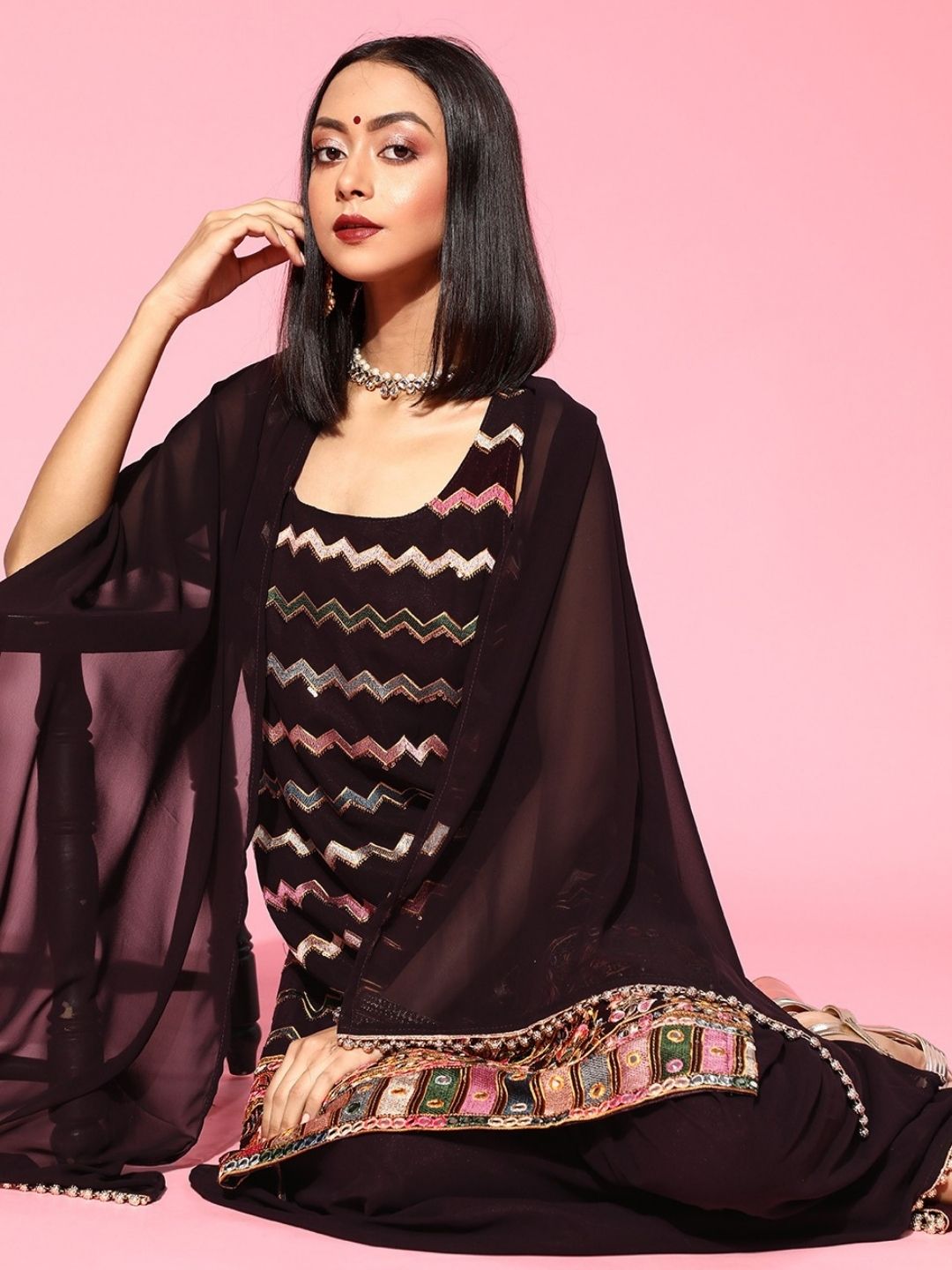 Made to Measure Resham Mirror Embroidery Sharara Suit Set & Beads Embellished Dupatta