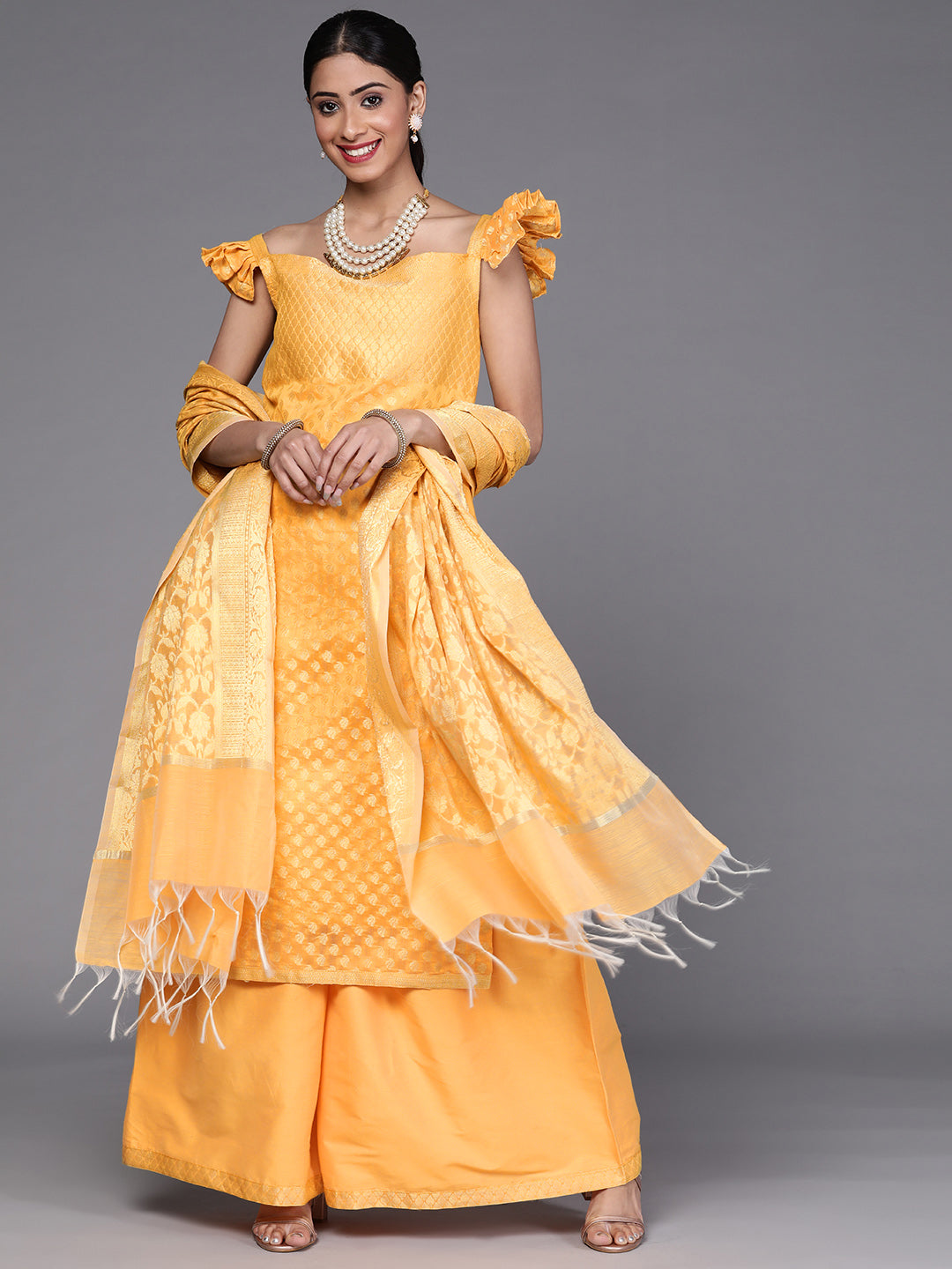 Yellow Banarasi Handloom Kurta Sharara Set with Frills Pleated Sleeves