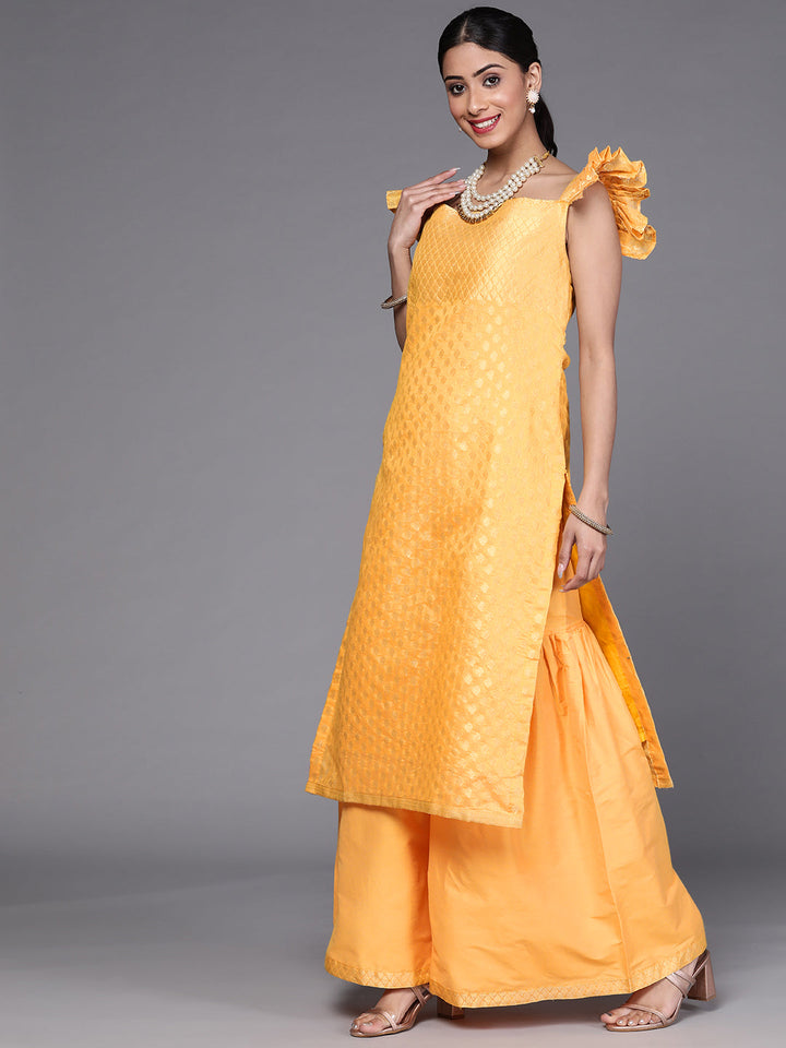 Yellow Banarasi Handloom Kurta Sharara Set with Frills Pleated Sleeves