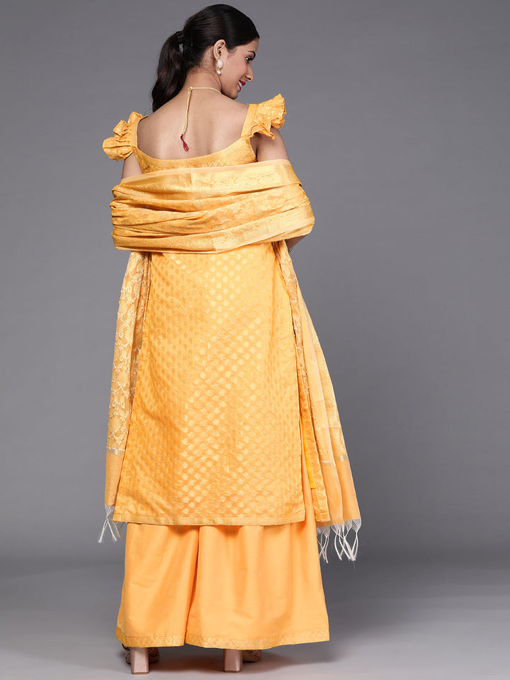 Yellow Banarasi Handloom Kurta Sharara Set with Frills Pleated Sleeves