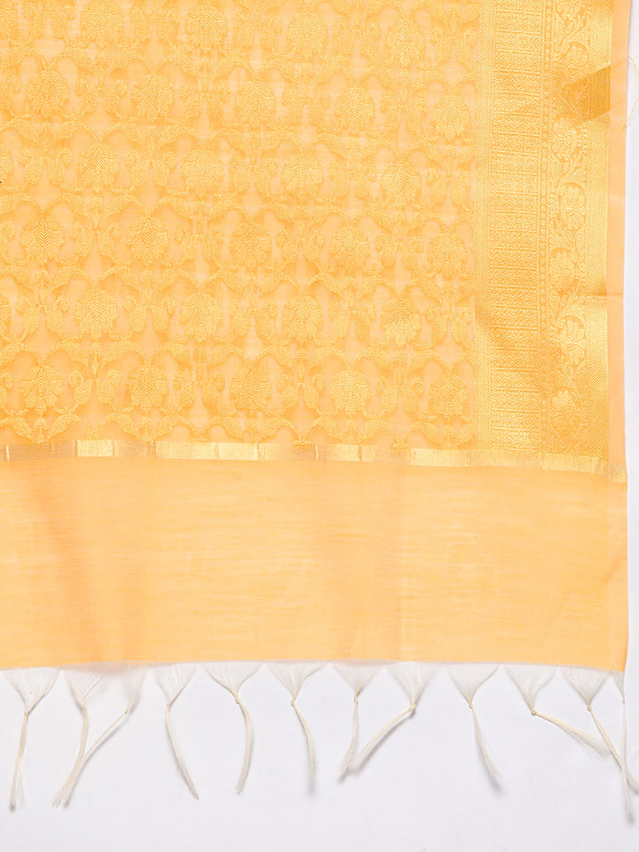 Yellow Banarasi Handloom Kurta Sharara Set with Frills Pleated Sleeves