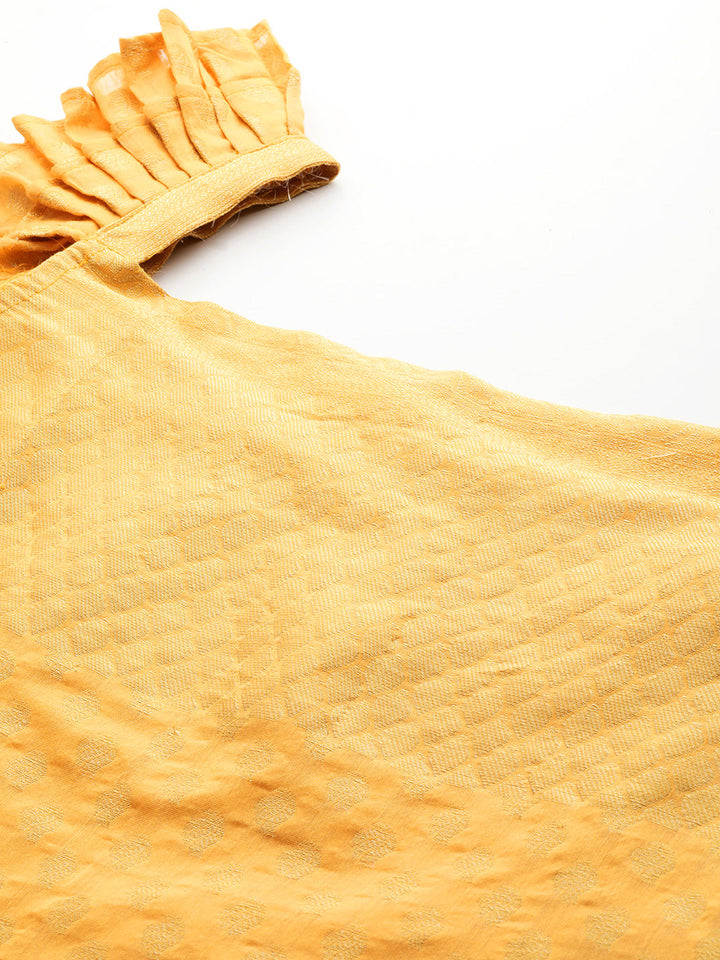 Yellow Banarasi Handloom Kurta Sharara Set with Frills Pleated Sleeves