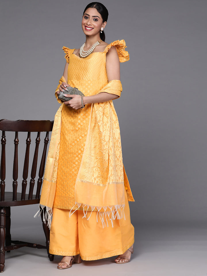 Yellow Banarasi Handloom Kurta Sharara Set with Frills Pleated Sleeves