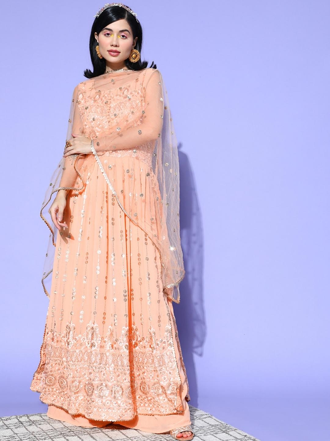 Pastel Peach Resham Embroidered Georgette Kurta Palazzo Set