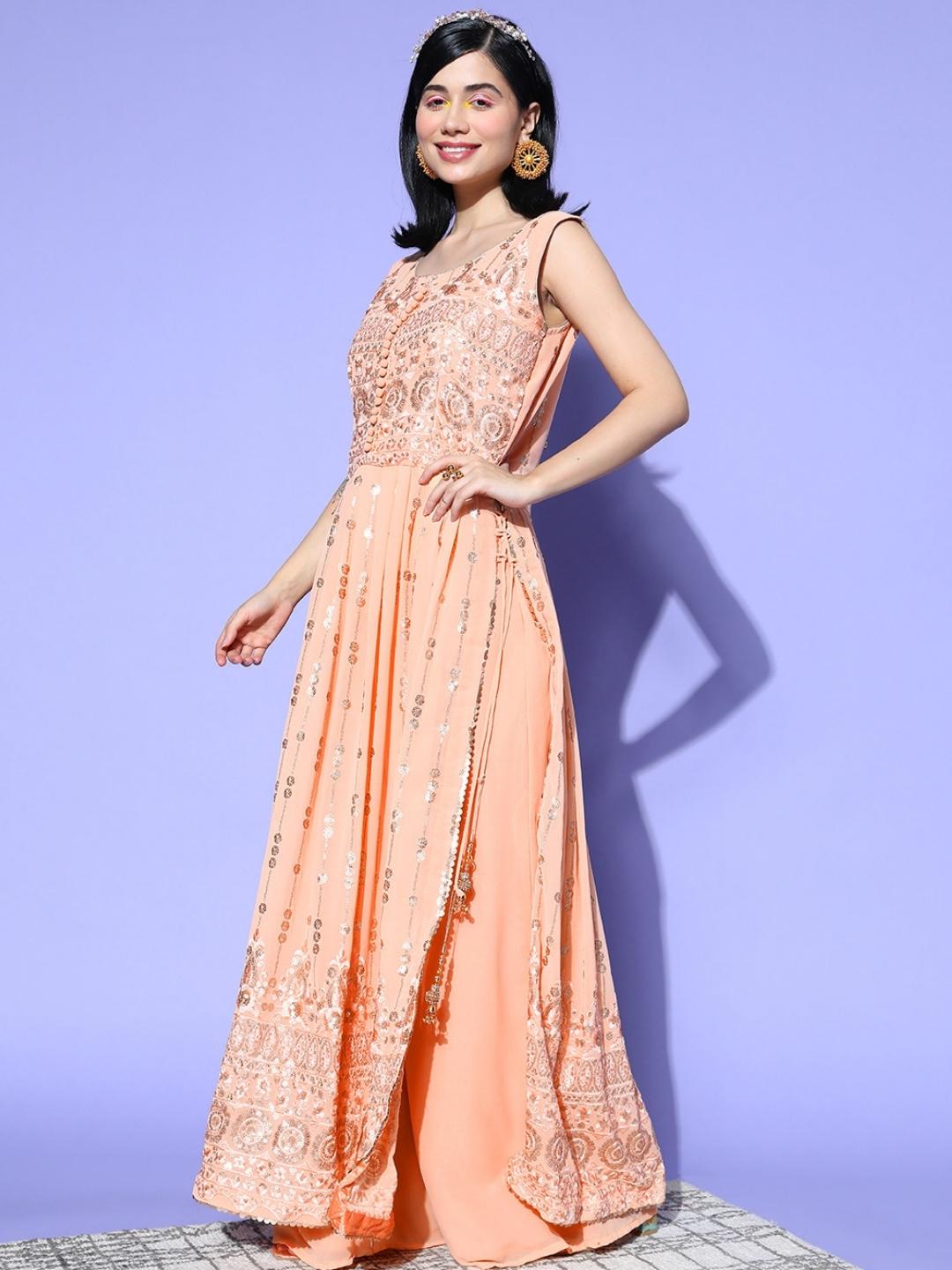 Pastel Peach Resham Embroidered Georgette Kurta Palazzo Set