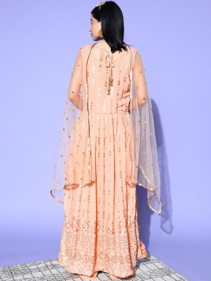 Pastel Peach Resham Embroidered Georgette Kurta Palazzo Set