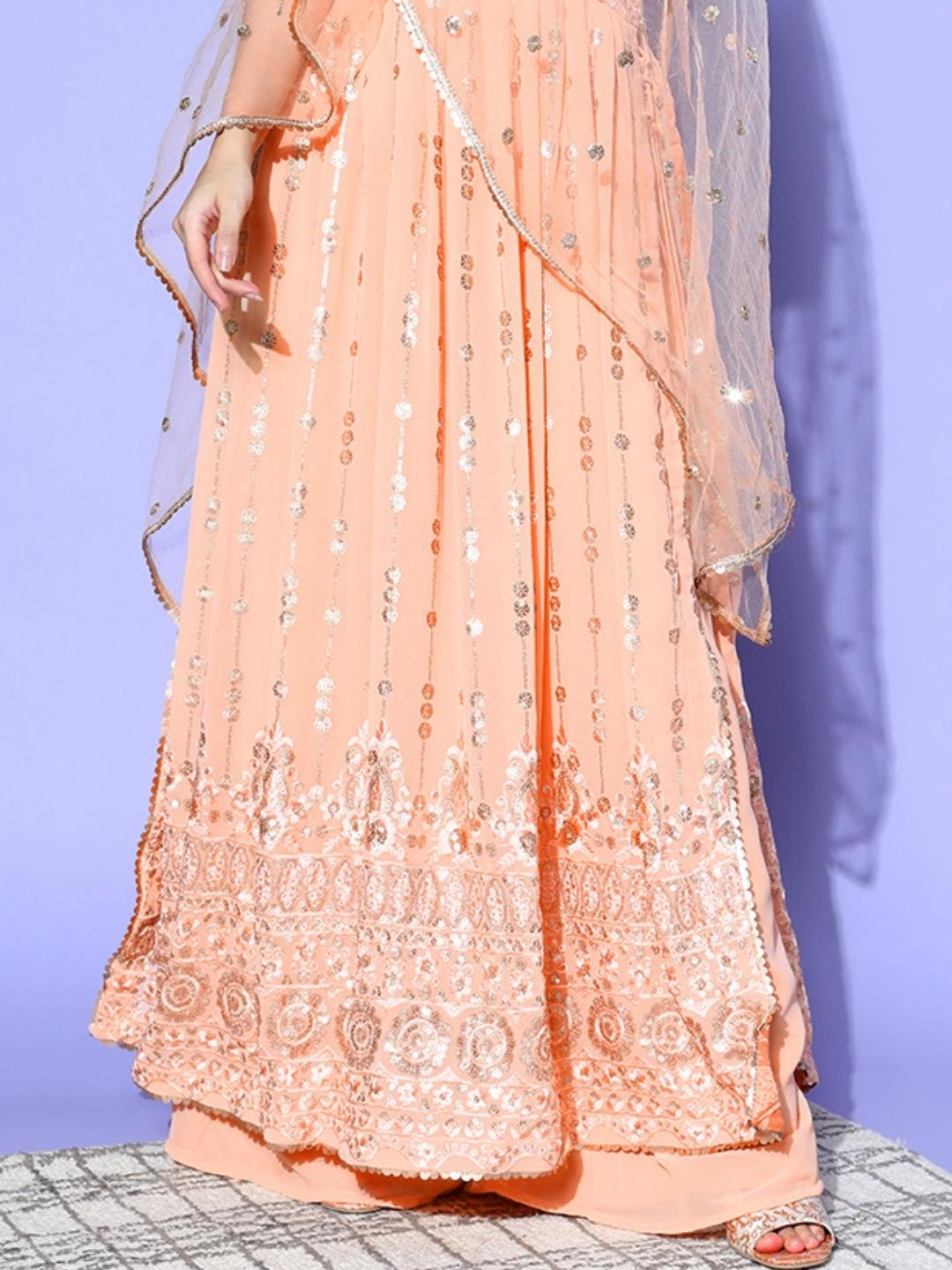 Pastel Peach Resham Embroidered Georgette Kurta Palazzo Set