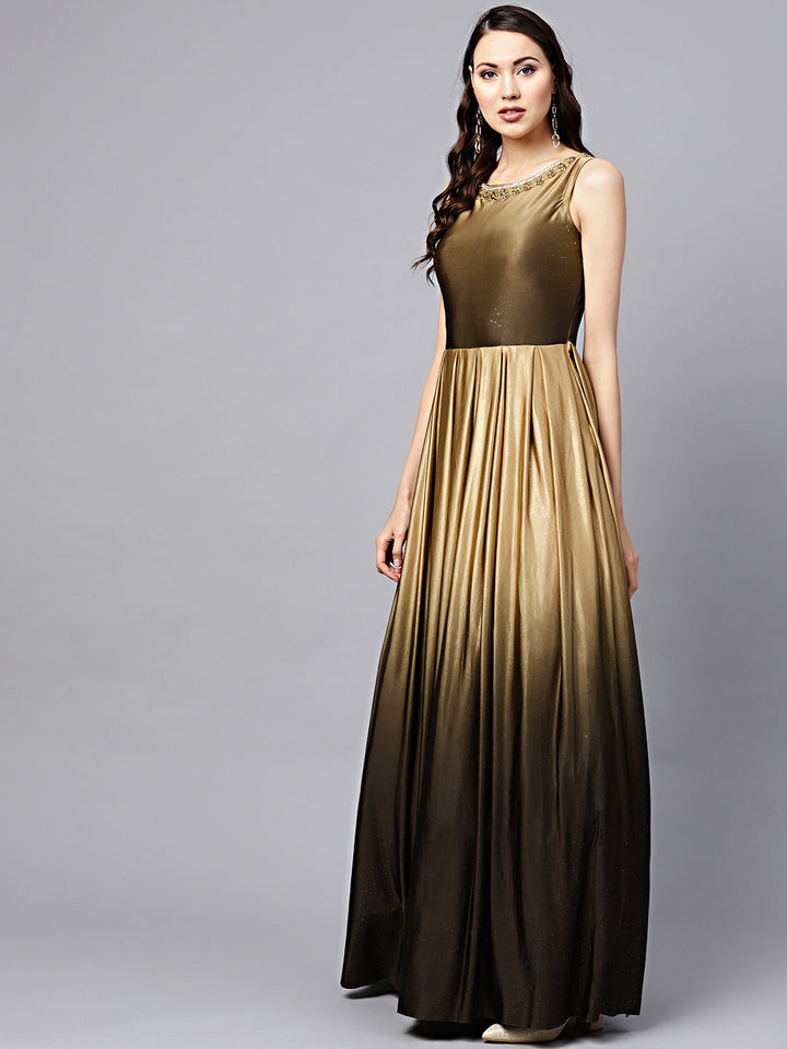 Ombre Brown Shimmer Cocktail Gown with Kundan Neckline