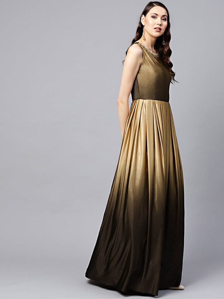 Ombre Brown Shimmer Cocktail Gown with Kundan Neckline