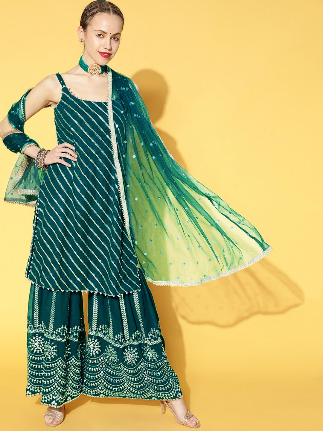 Teal Blue Sequence, Pearl & Mirror Work Kurta Sharara Dupatta Set