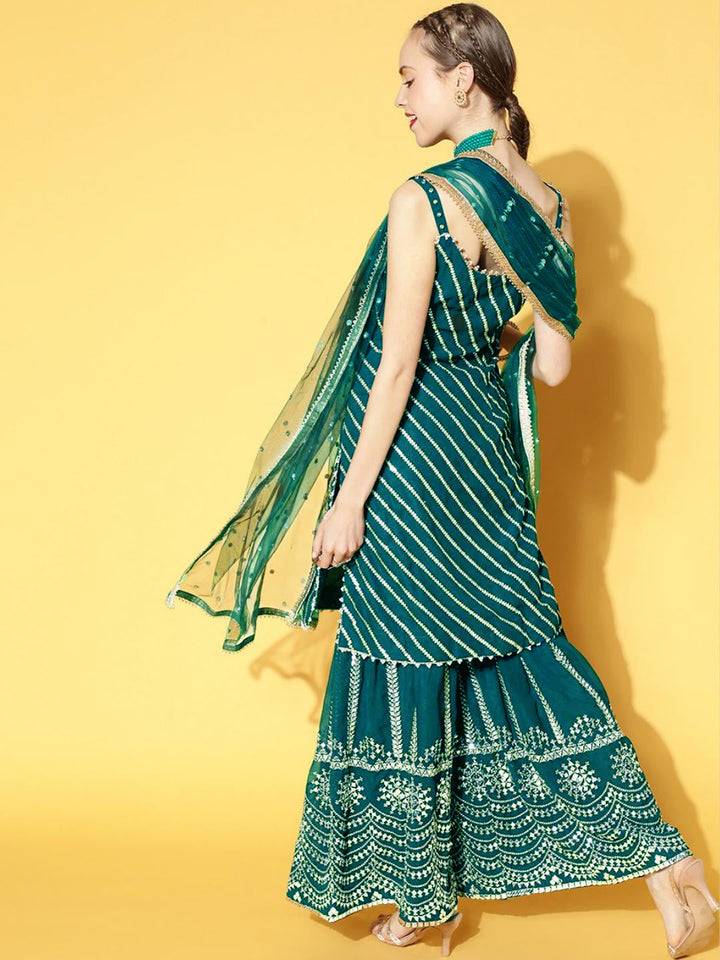 Teal Blue Mirror Embellished Kurta Sharara Set & Net Dupatta