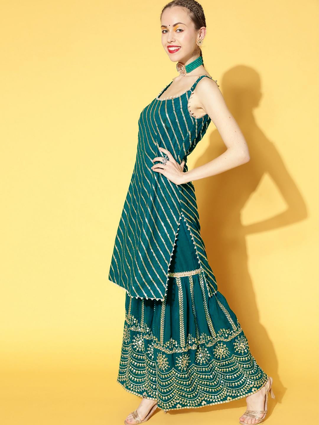 Teal Blue Sequence, Pearl & Mirror Work Kurta Sharara Dupatta Set