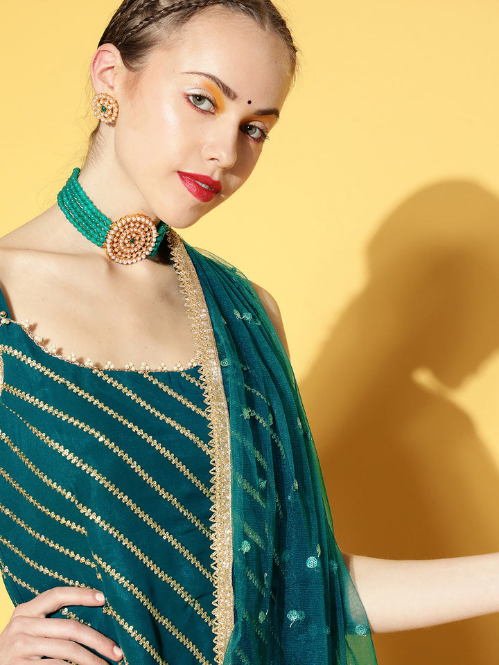 Teal Blue Sequence, Pearl & Mirror Work Kurta Sharara Dupatta Set